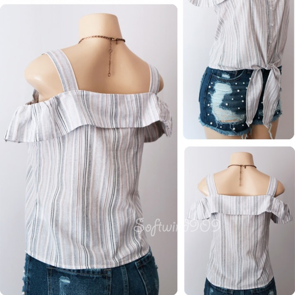 Last☝️ Striped Off Shoulder Button Tie Front Top - Picture 5 of 8